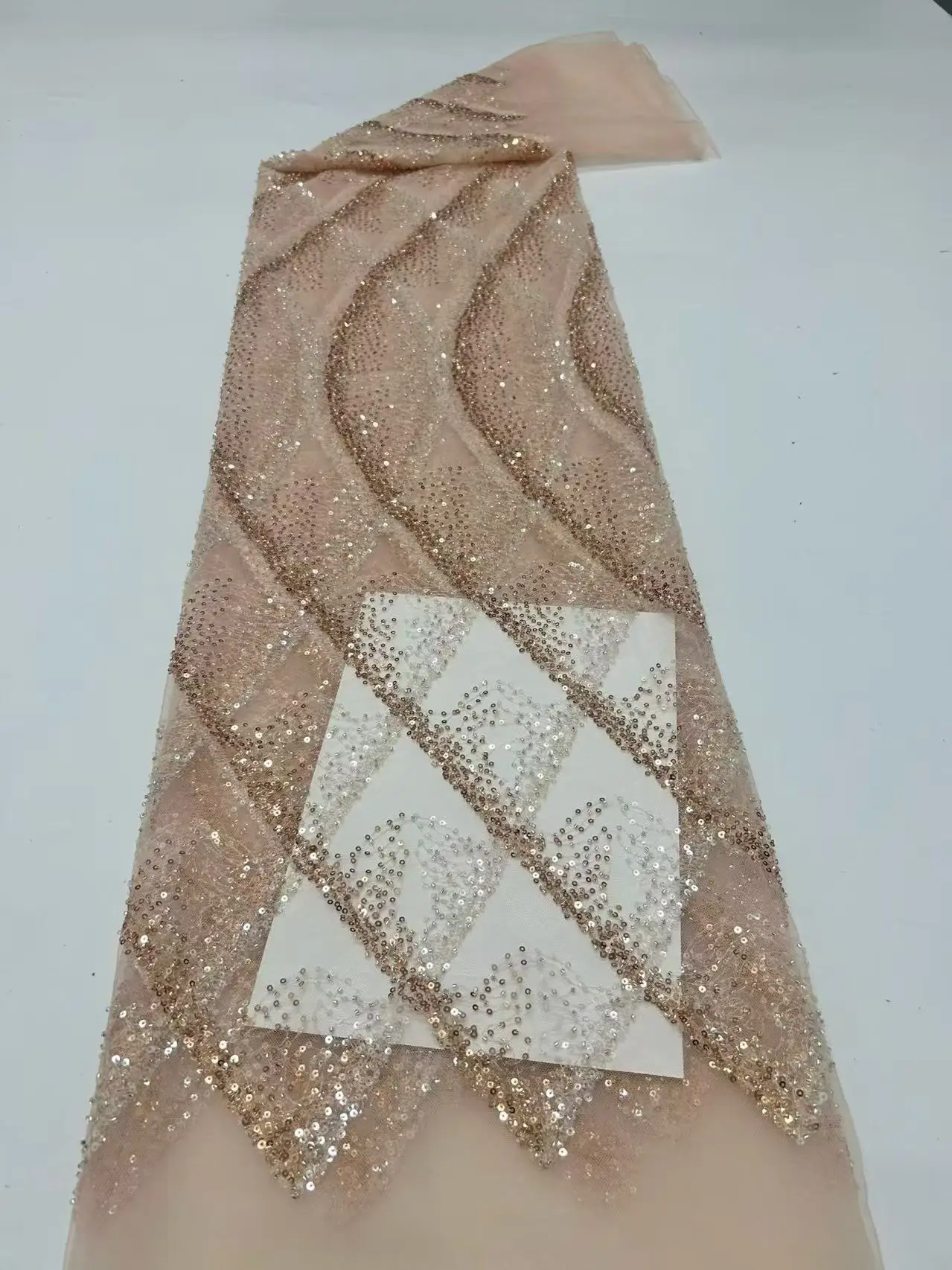 

High Quality French Lace Fabric 2026 Beaded Embroidered Nigerian Sequins Tulle 5 Yards for Sewing Party Dresses