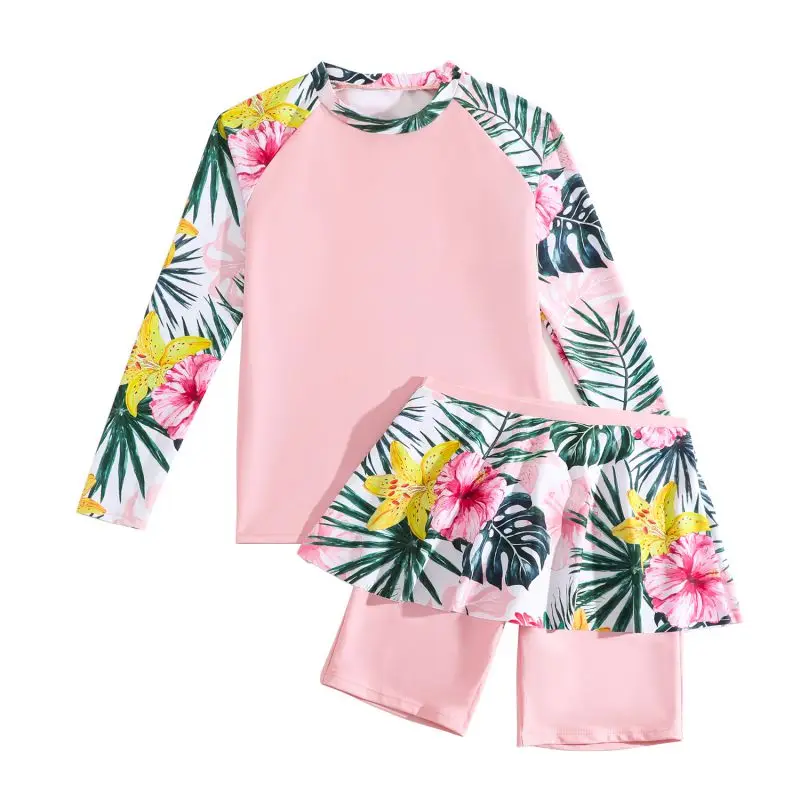 8-12Y Girls Swimsuits Stylish Long Sleeve Two-Piece Swimwear Kids Sun Protection Bathing Suit Children Surfing Clothes Beachwear