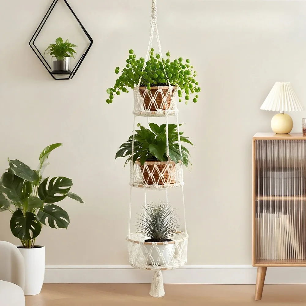 3 Tier Hanging Plant Stand, Flower Pot Holder Adjustable Rope, Indoor Outdoor Garden Decor, Macrame Style for Patio Balcony
