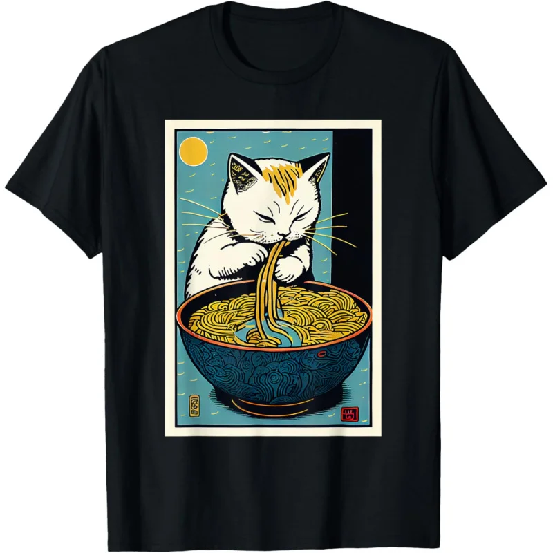 Men and women's sports leisure fashion short sleeve cat eating Lamian Noodles cute retro art pattern gift black T-shirt