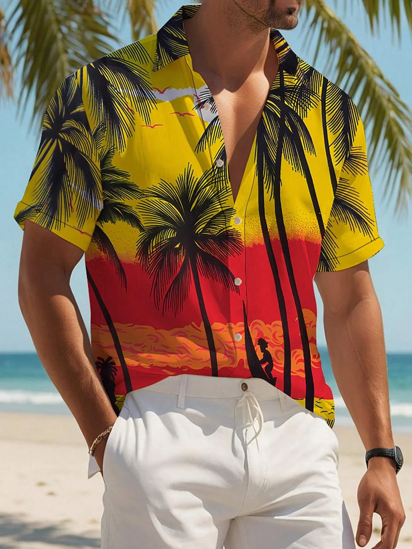 New Unisex Plant Printed Vacation Style Short Sleeved Shirt for Outdoor Vacation Beach Summer