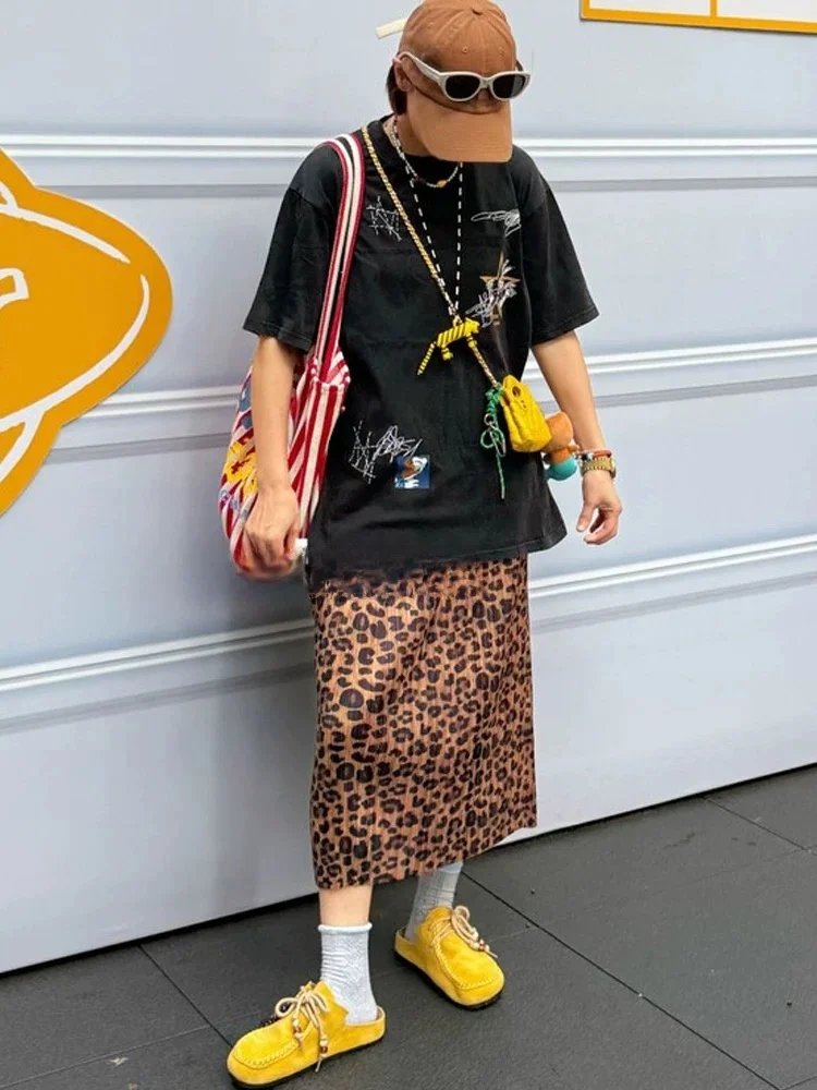 

Классическая ретро-юбка с леопардовым принтом, плиссированная прямая облегающая летняя новая повседневная юбка с высокой талией для женщин