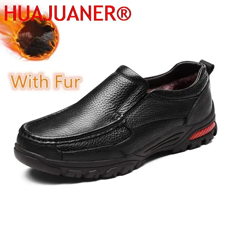 Genuine Leather Tooling Mens Shoes Winter Outdoor Shoes Plush Loafers Men Warm Fur Snow Walking Comfortable Shoe Casual Slip on