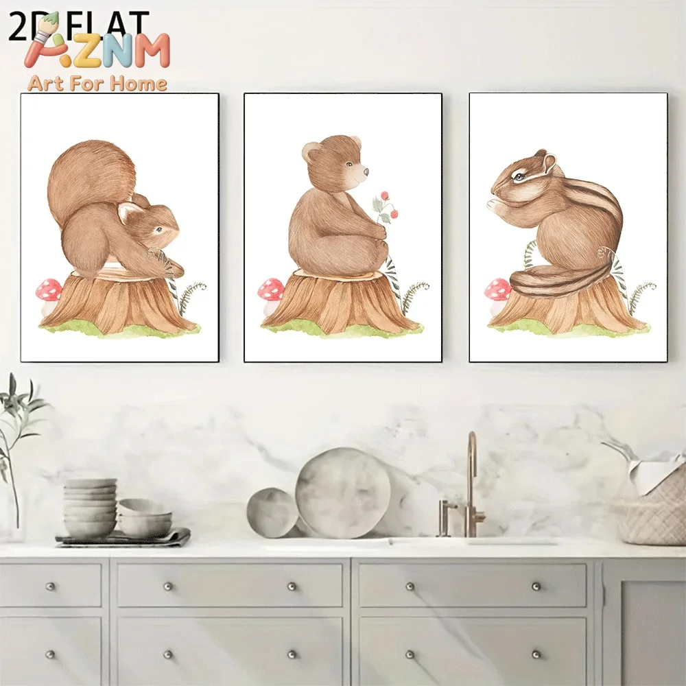 AZNM Watercolor Squirrel Bear Chipmunk Tree Stump Mushroom Canvas Wall Art, Cute Woodland Animal Print Painting for Baby Nursery