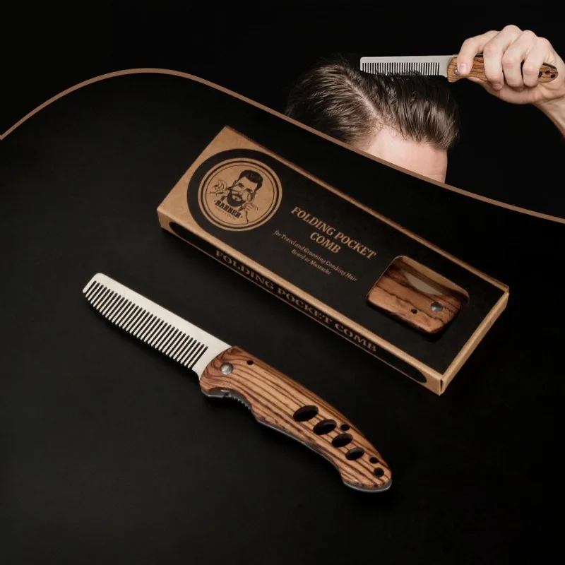 Solid Wood & Metal Folding Beard Comb for Men, Portable Pompadour Styling Grooming Kit, Barber-Grade Travel Hair Mustache Comb