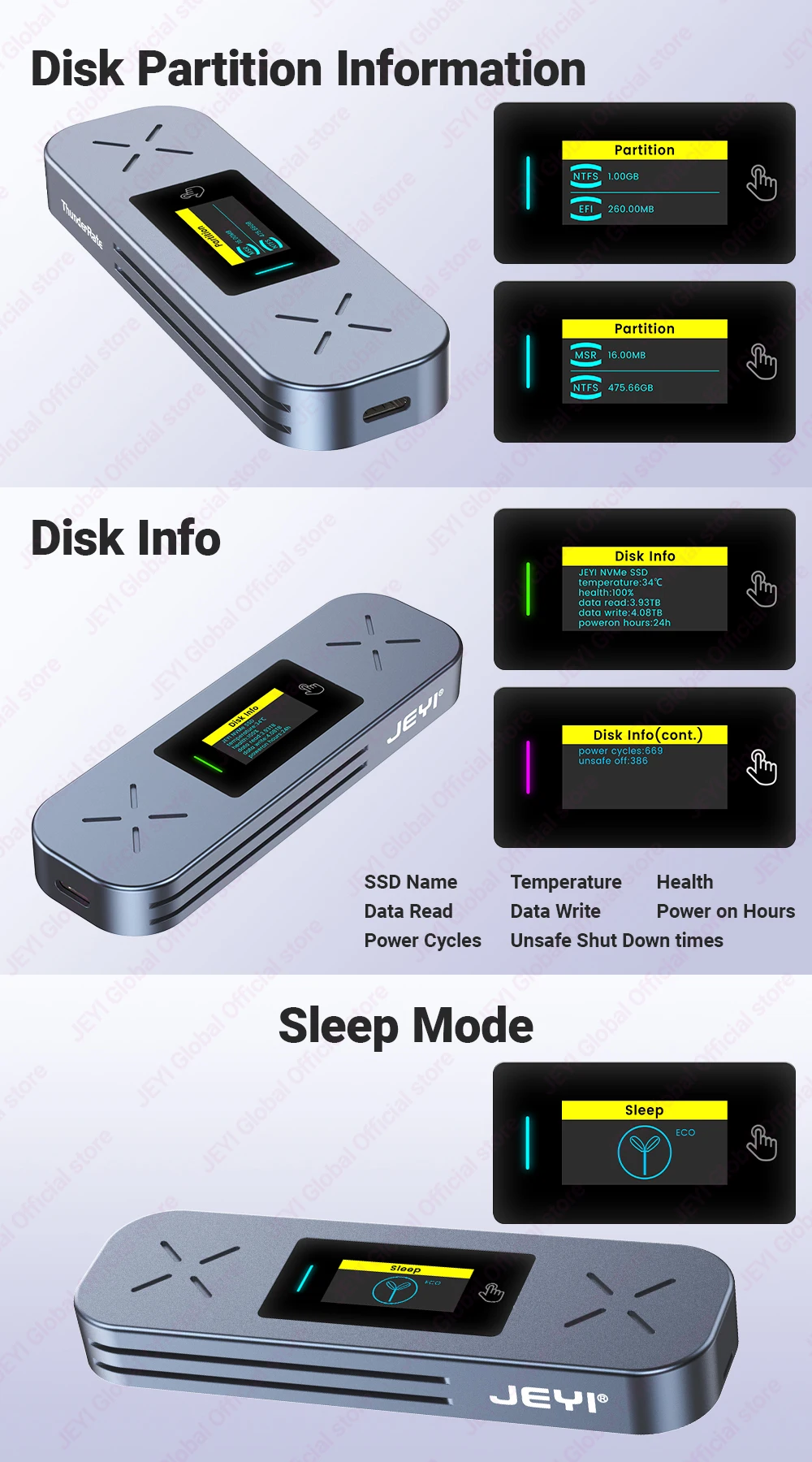 JEYI M.2 NVMe/SATA SSD Smart Display Gehäuse USB 3.2 10Gbps Tragbares Externes M2 Adaptergehäuse Unterstützt M-Key B+M Key UASP Trim – Detail 4