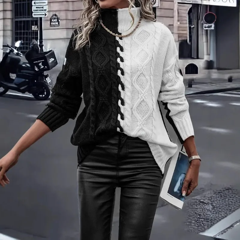 

Women 2025 Autumn Winter New Long Sleeve Sweater Uops Female Patchwork Knitted Uops Ladies O-neck Casual Loose Jumpers