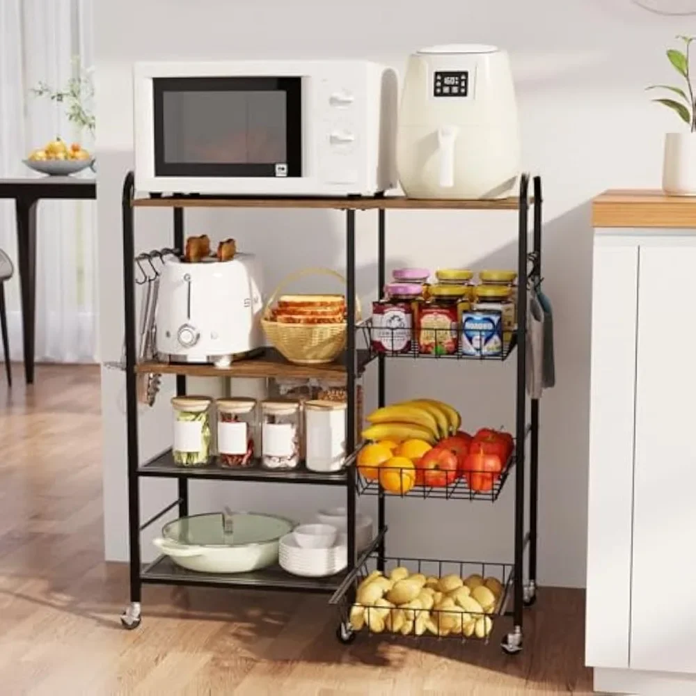 

Kitchen Fruit Vegetable Cart - 4 Tier Microwave Table Stand with Pull-Out Baskets, Coffee Bar Baker's Rack, Racks & Holders