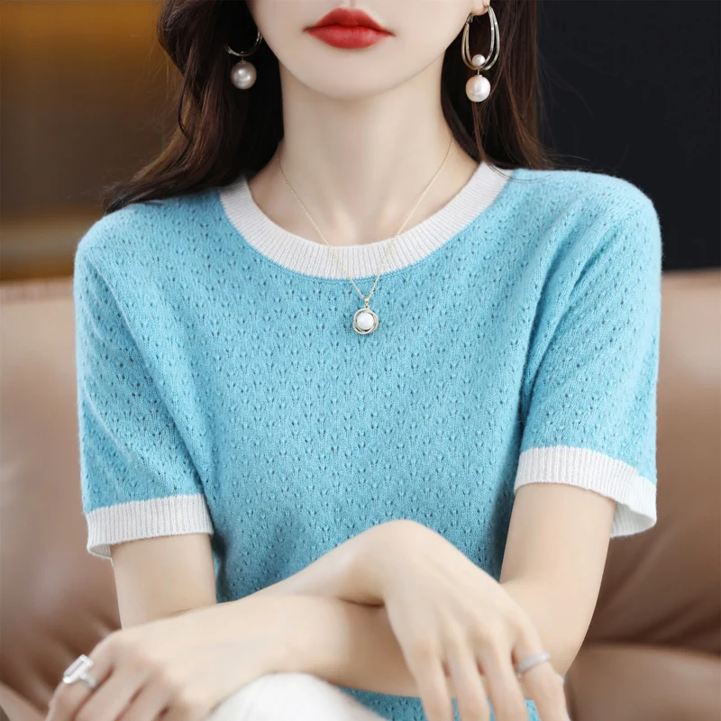 Sweater Women's T-Shirt Spring Summer New100% Wool Round Neck Color-Blocking Pullover Short-Sleeved Loose Knitted All-Match Base