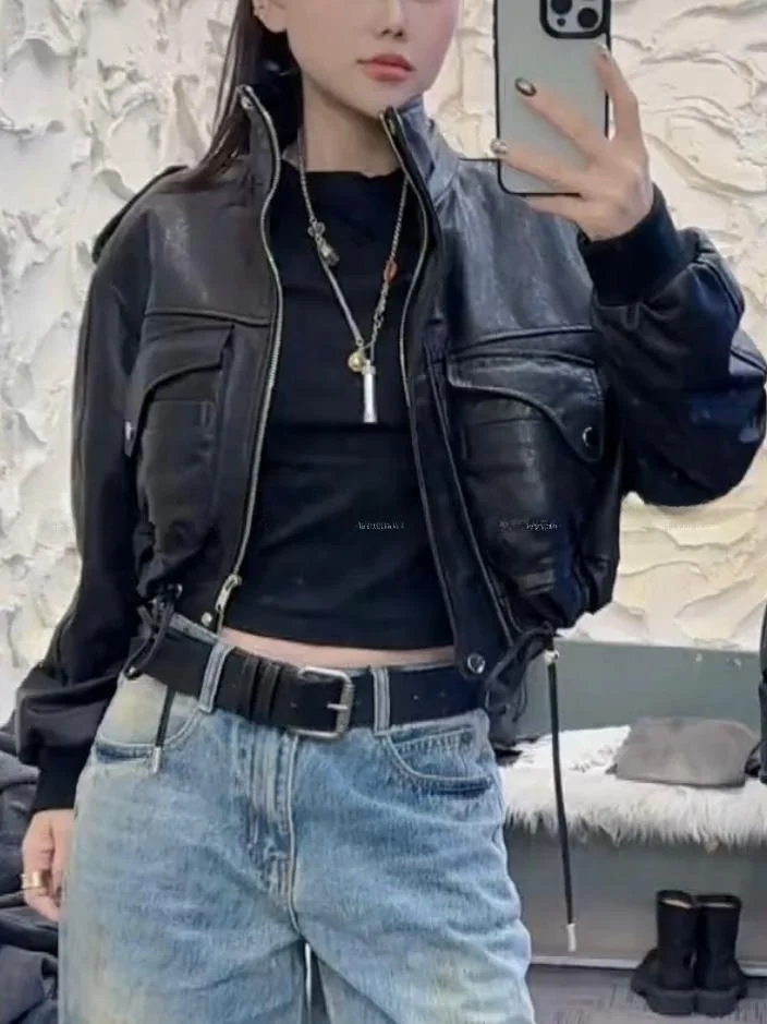 

Spring 2025 Women's ort Motorcycle Sle eepskin Jaet Long Sve Coat Design Sense Small Size Faion Outerwear