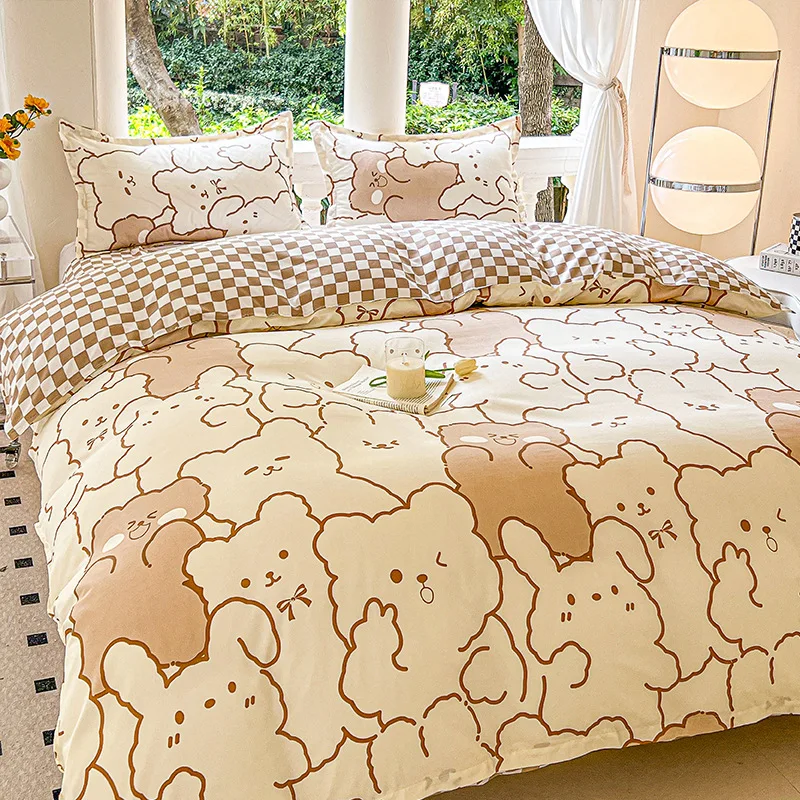 3/4Pcs Bedding Set Full Sheet Pillowcase Printed Bed Bedroom Linens Four-Season Comforter Sets Size Kawaii Flat Sheet