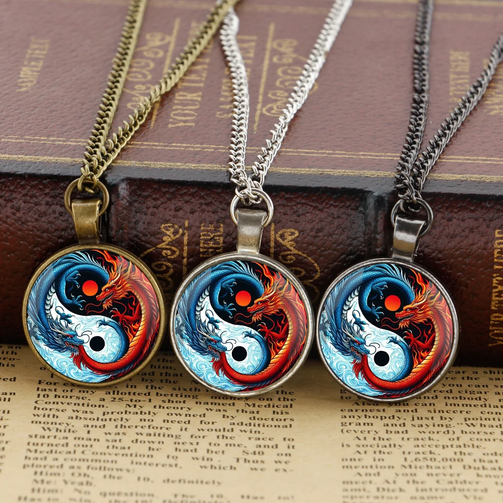 Fashion Accessory Yin-Yang Dragon Glass Dome Pendant Necklaces Women Men Jewelry Accessories Unique Gift for Men Women Kids