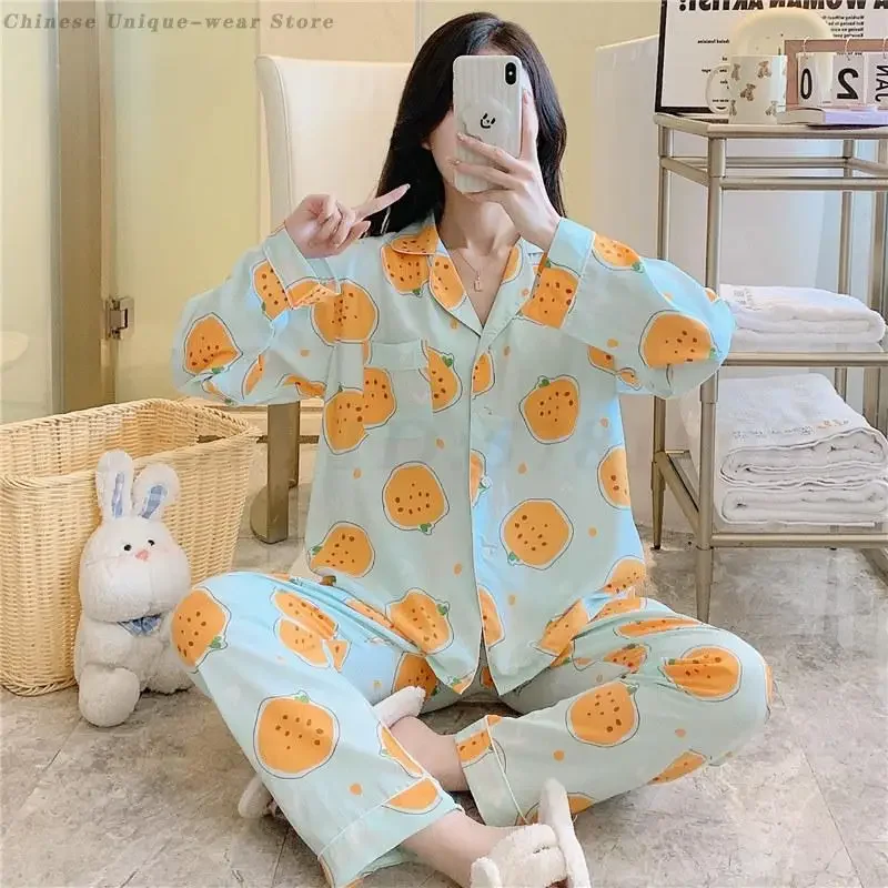 

Cotton Spring Autumn Home Clothing Long Sleeve Flower Print Pajama Set Women Loose Casual Sleepwear Homewear Intimate Lingerie