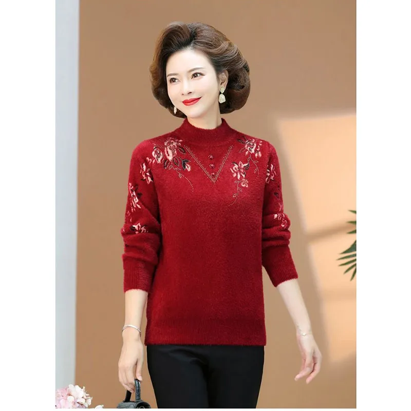 Mother\'s Autumn And Winter Thicken Imitation Mink Fleece Embroidered Sweater Fashion Diamonds inlay Knitted Lady Warm Pullover