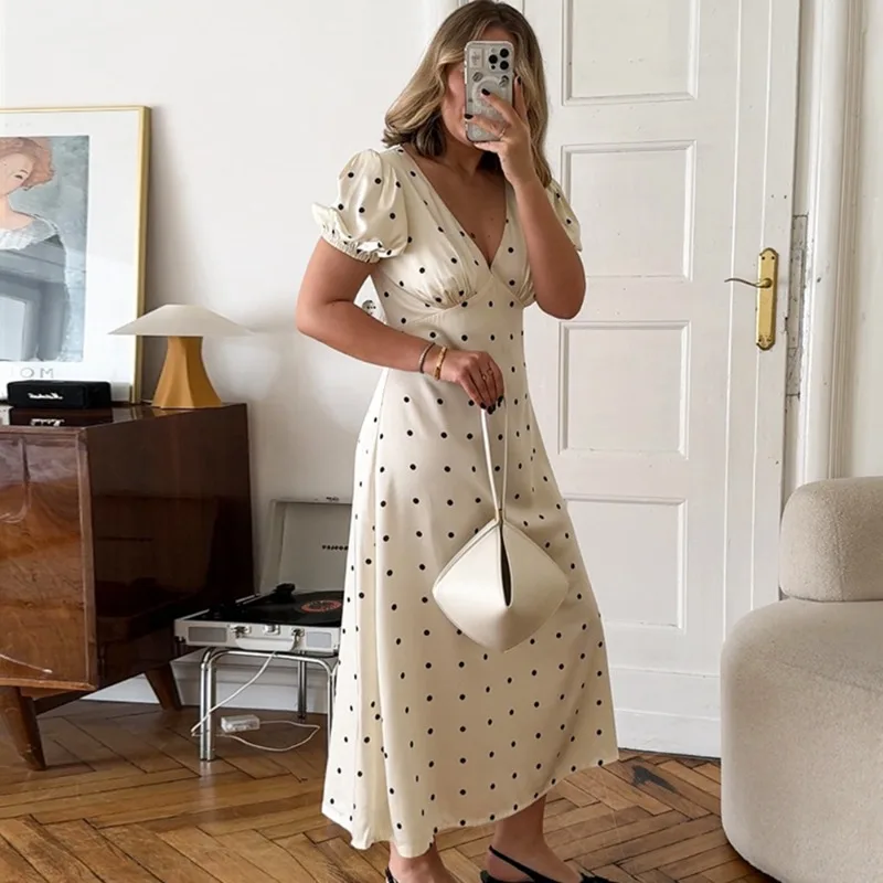 

Talenza Summer Polka Dot Dress Elegant Vintage Contrast New Puff Sleeve V-Neck Dress Fashion Luxury Women's Party Evening Dress