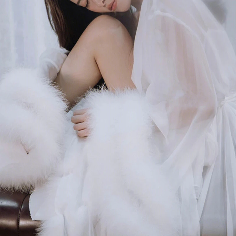 France Vintage Bride Morning Gowns Pajamas Wedding Swan Feather Winter Nightrobe Set Women Mutil Colors Nightgown Fox Fur 24 New