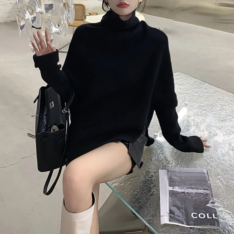 High Neck Knit Pullovers Women Fall Winter Korean Casual Loose Asymmetric Long Sleeve Sweater Tops 4 Colors