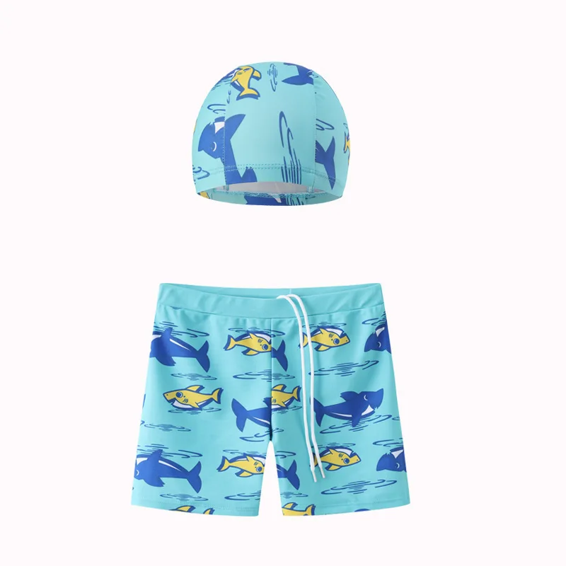 2-piece Set of Summer Children\'s Swim Trunks Swim Caps Boys\' Swimwear Quick Drying Shorts Cartoon Print Beach Swimwear Ages 4-16