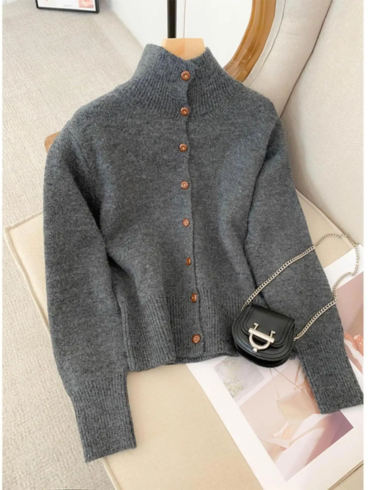 

ay f-High Collar Knitted Sweater Coat Women's Winter Outerwear ort Sle Inner Match Early Autumn Season Cardigan