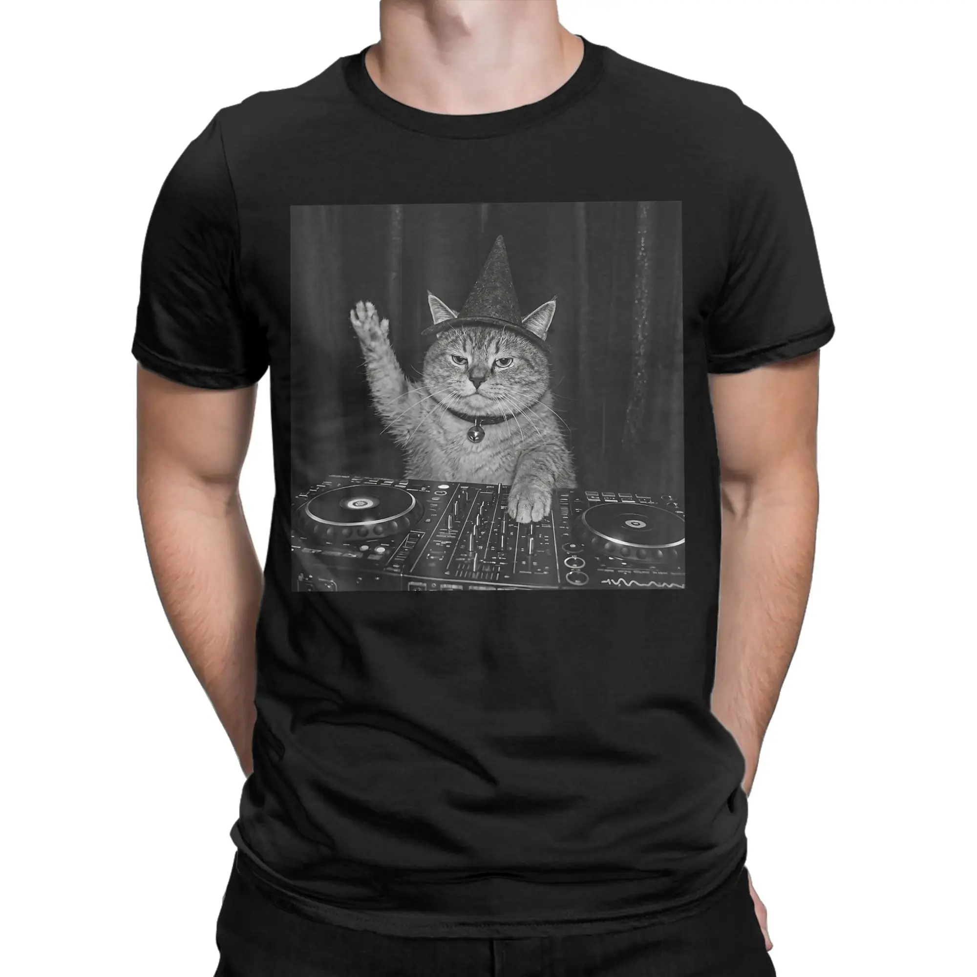 Funny Cute Spooky Fat Wizard DJ Cat Meme Cotton T-Shirt For Men's T Shirts O Neck Trending Tee Shirt Plus Size Casual Tops