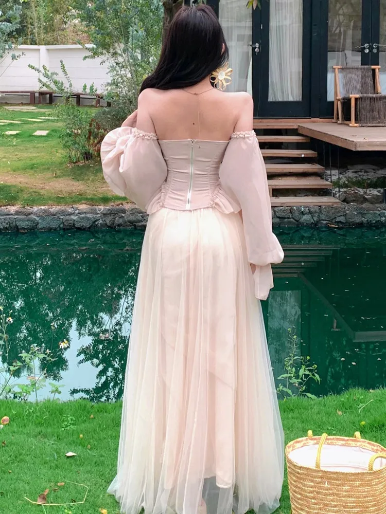 Light luxury elegant two piece set women spring off shoulder trumpet long sleeved slim fit top high waist mesh long skirt