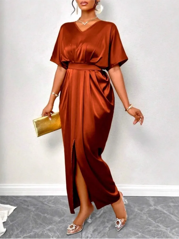 فستان نسائي أنيق من الساتان الصلب مثير بدون ظهر ميدي فستان صيفي بياقة على شكل v وأكمام طويلة فستان نحيف فساتين حفلات الشاطئ غير رسمية #4