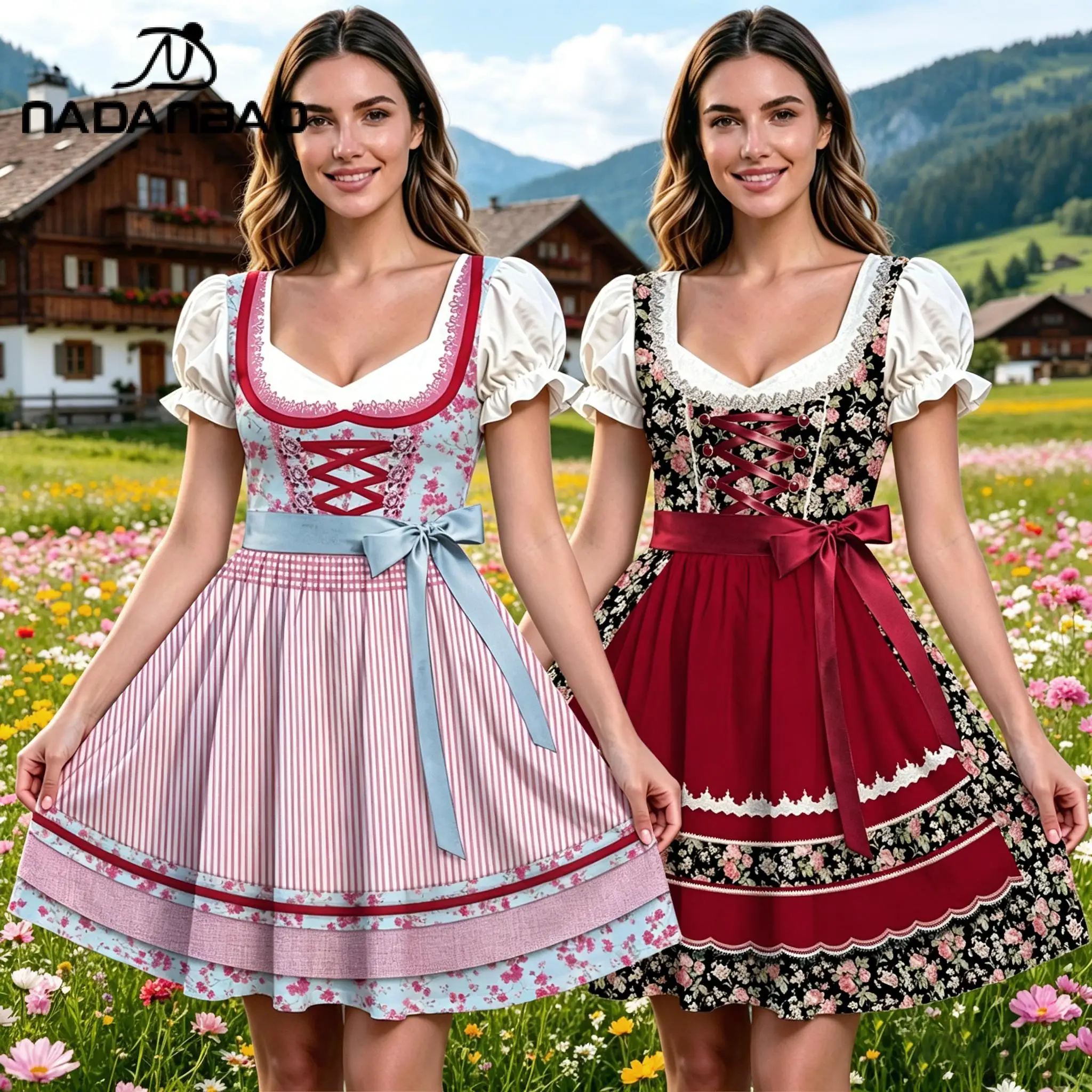 Nadanbao Damen Dirndl-Kleid mit Blumenmuster, Modisches Puffärmel-Kleid, Sommer-Festtagskleidung, Oktoberfest-Partykostüm