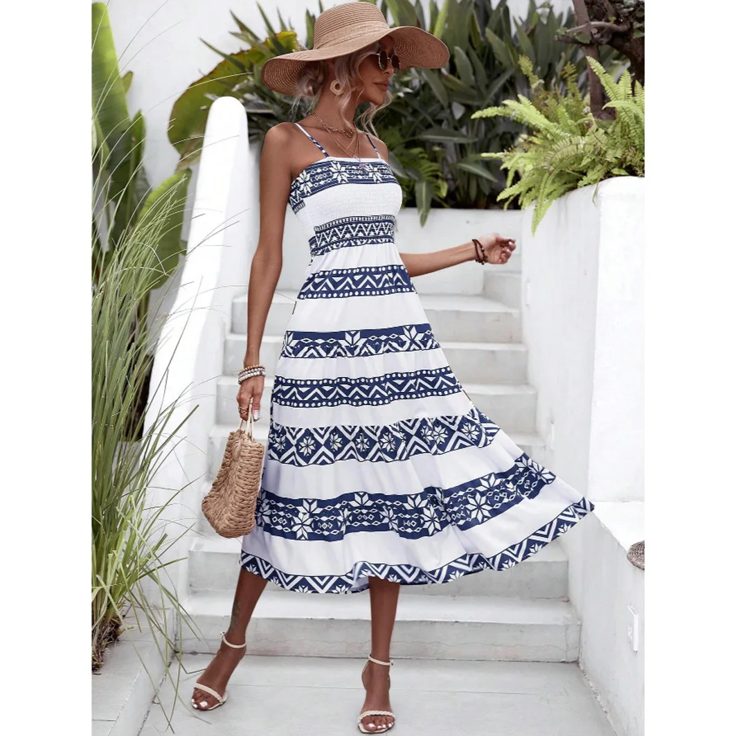 

2025 Spring And Summer New European And American Women's Geometric Print Sling Dress Bohemian Style