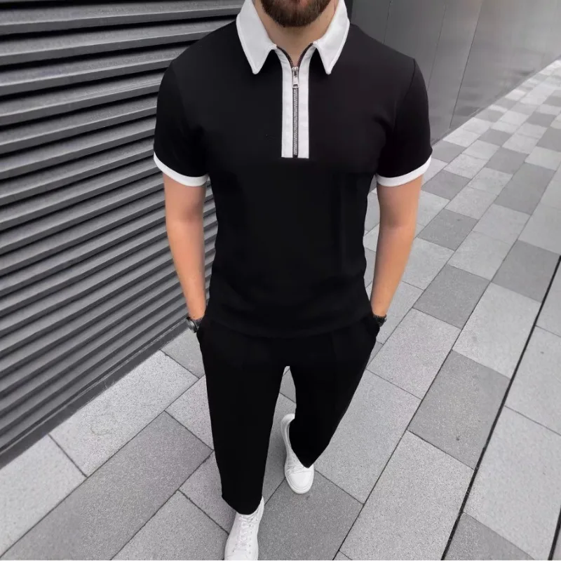 

Summer Men's POLO Shirt Zipper Contrasting Color Lapel Short-sleeved Top Casual Solid Color Trousers Set