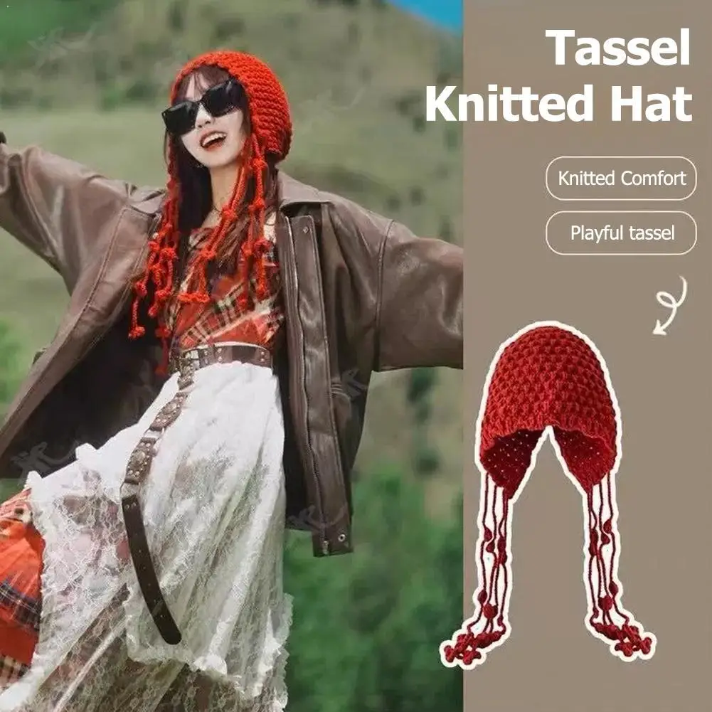 

Вязаная шапка с кисточками, осенне-зимняя теплая шерстяная шапка, женская вязаная шапка с защитой ушей с бахромой в этническом стиле