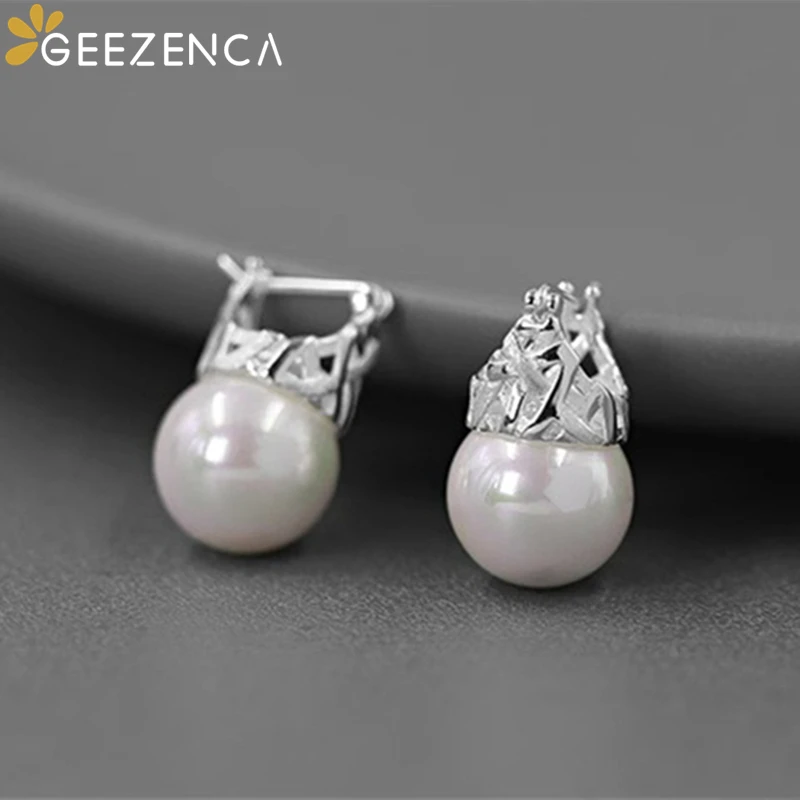 GEEZENCA Shell Pearl 925 Sterling Silver Crown Małe kolczyki dla kobiet Dziewczyna Minimalizm Luksusowy szykowny kolczyk kółka 2024 Nowy prezent