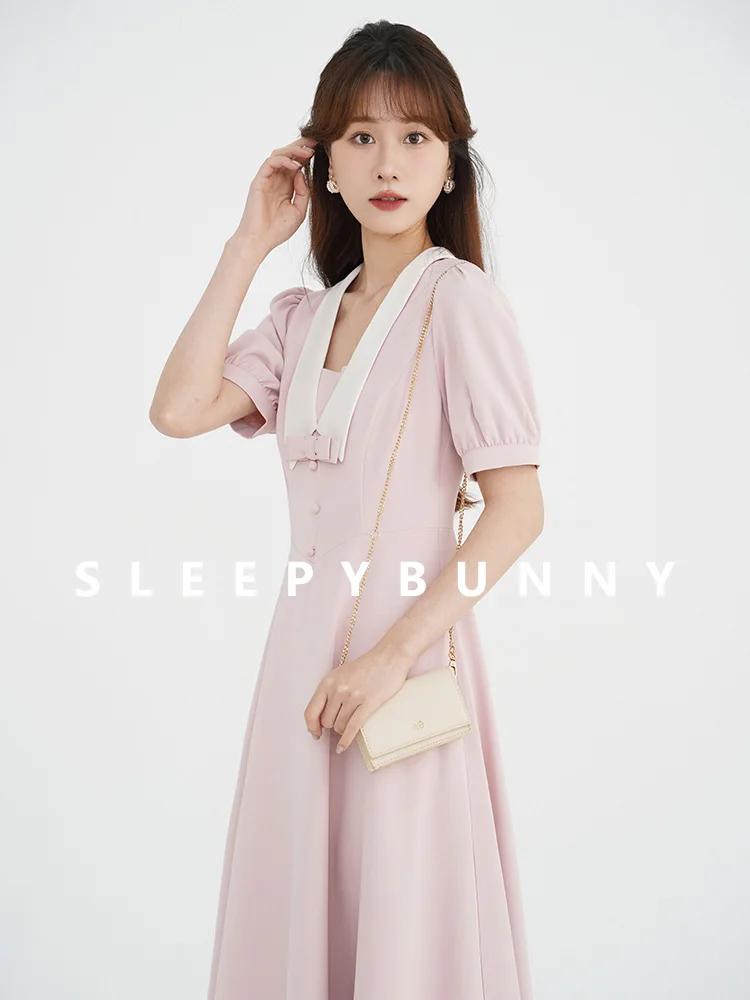 

Vintage Pink Puff Sleeve Princess Dress Women Elegant V Neck Bow Tie Midi Sundress Summer A-Line Casual Girl Outfit Daily Party