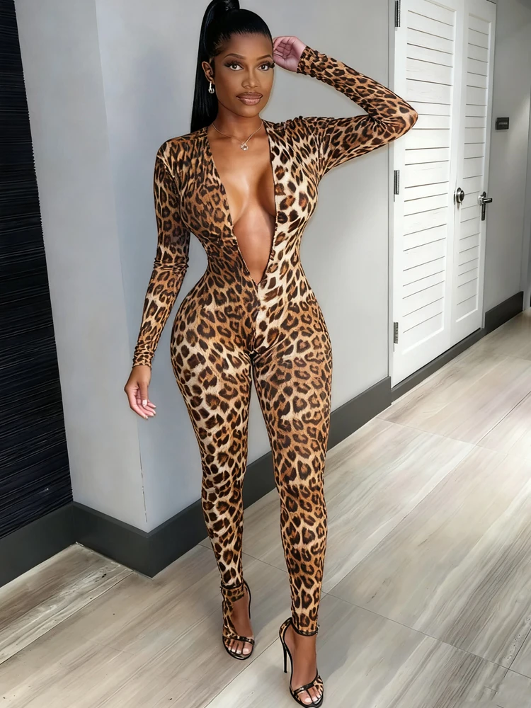 

Weird Puss Backless Jumpsuits Woman Deep V-Neck Leopard Print Full Sleeve Skinny Street Sexy Activity Clubwear Slim Overalls
