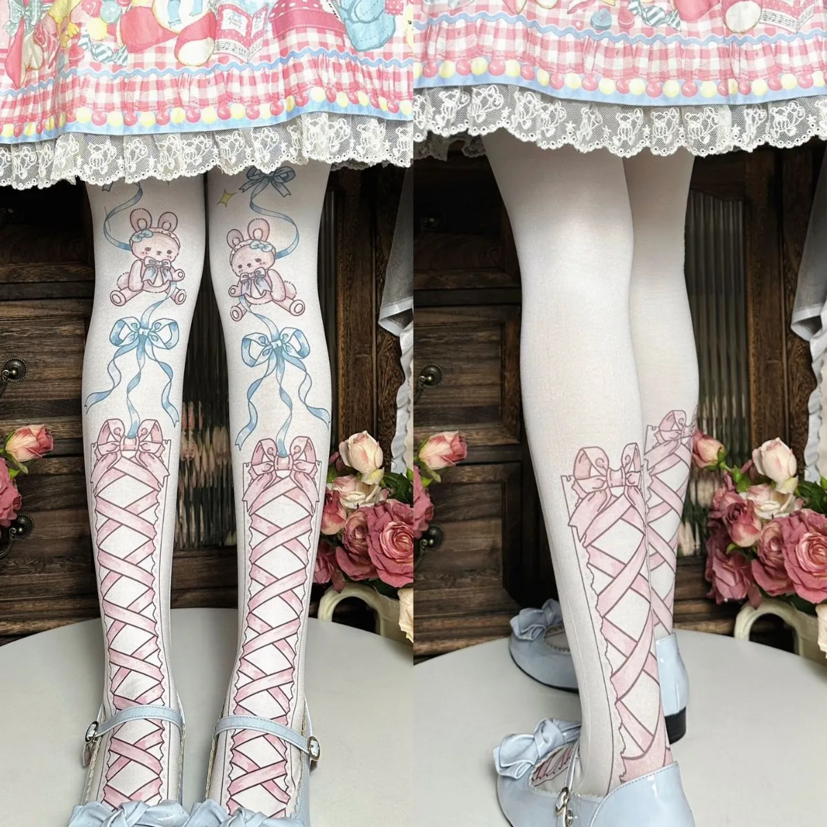 Women Sweet Lolita Bunny Bow Print Tights Cute Rabbit Lace Up Pattern Pantyhose Cosplay Party Stretch Full Length Hosiery