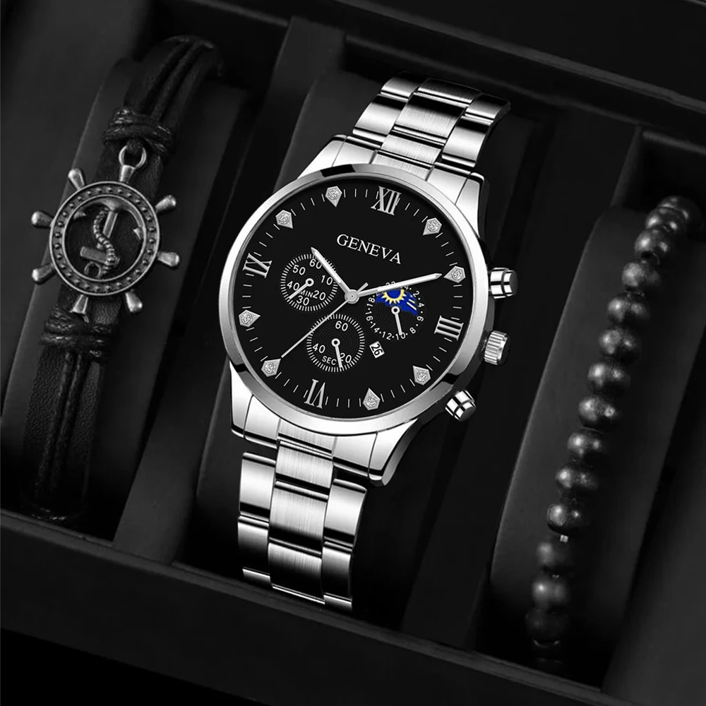 ファッションメンズ腕時計高級シルバーステンレス鋼クォーツ腕時計男性ビジネス腕時計男性用カレンダー時計リロイやつ