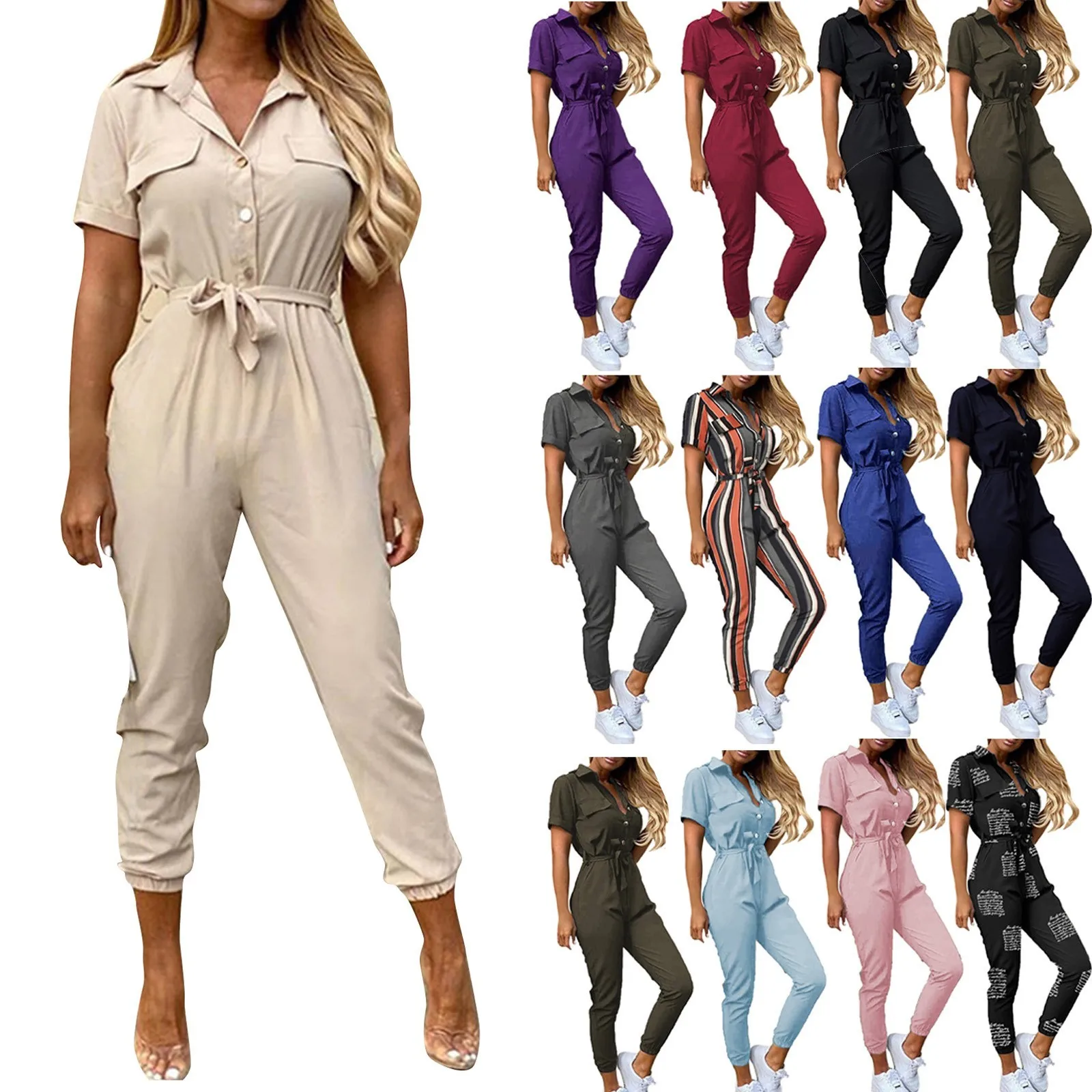 Jumpsuit kargo wanita, jumpsuit kargo musim panas kasual kerah bertali Solid lengan pendek, jumpsuit sederhana harian berpergian pas