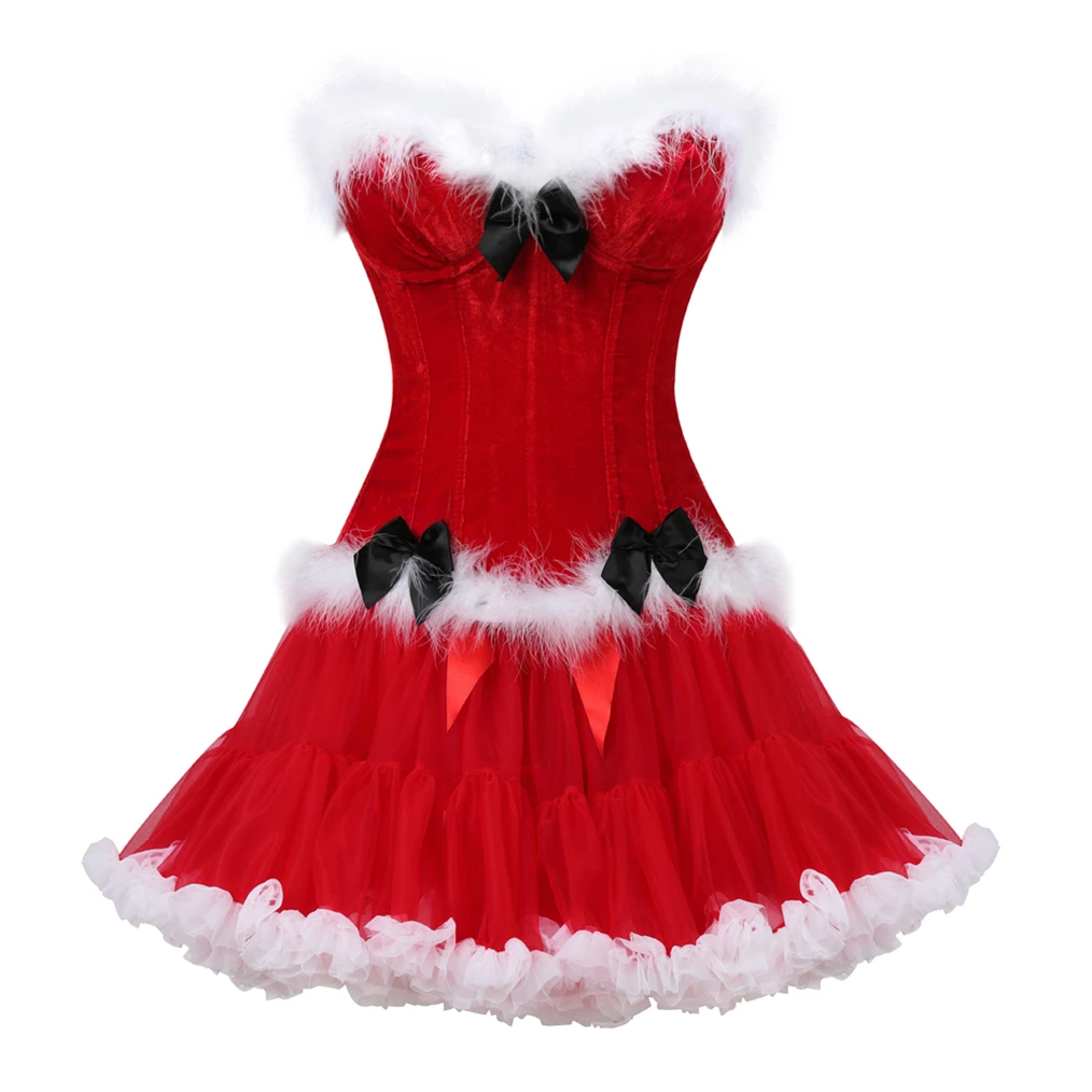 Faux New Sexy Christmas Lace Up  Corset Party Dress With Garters,Erotic Lingerie Women\'s Underwear Santa Cosplay  Exotic Apparel