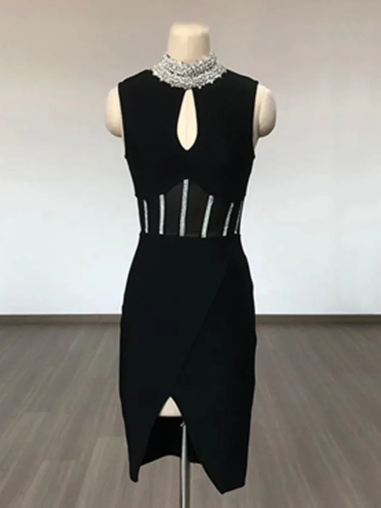 Bandage Dress 2024 Women Celebrity Sexy Turtleneck Diamonds Key Hole Black Mini Bodycon Elegant Evening Club Party Dress