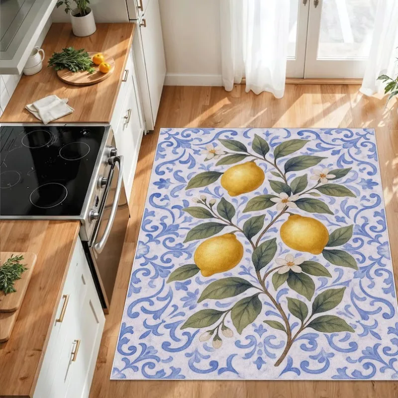 Bright Summer Mediterranean Lemon Tile Carpet Citrus and Leaf Design Non-Slip Rug Coastal Style Decor Floor Mat for Kitchen