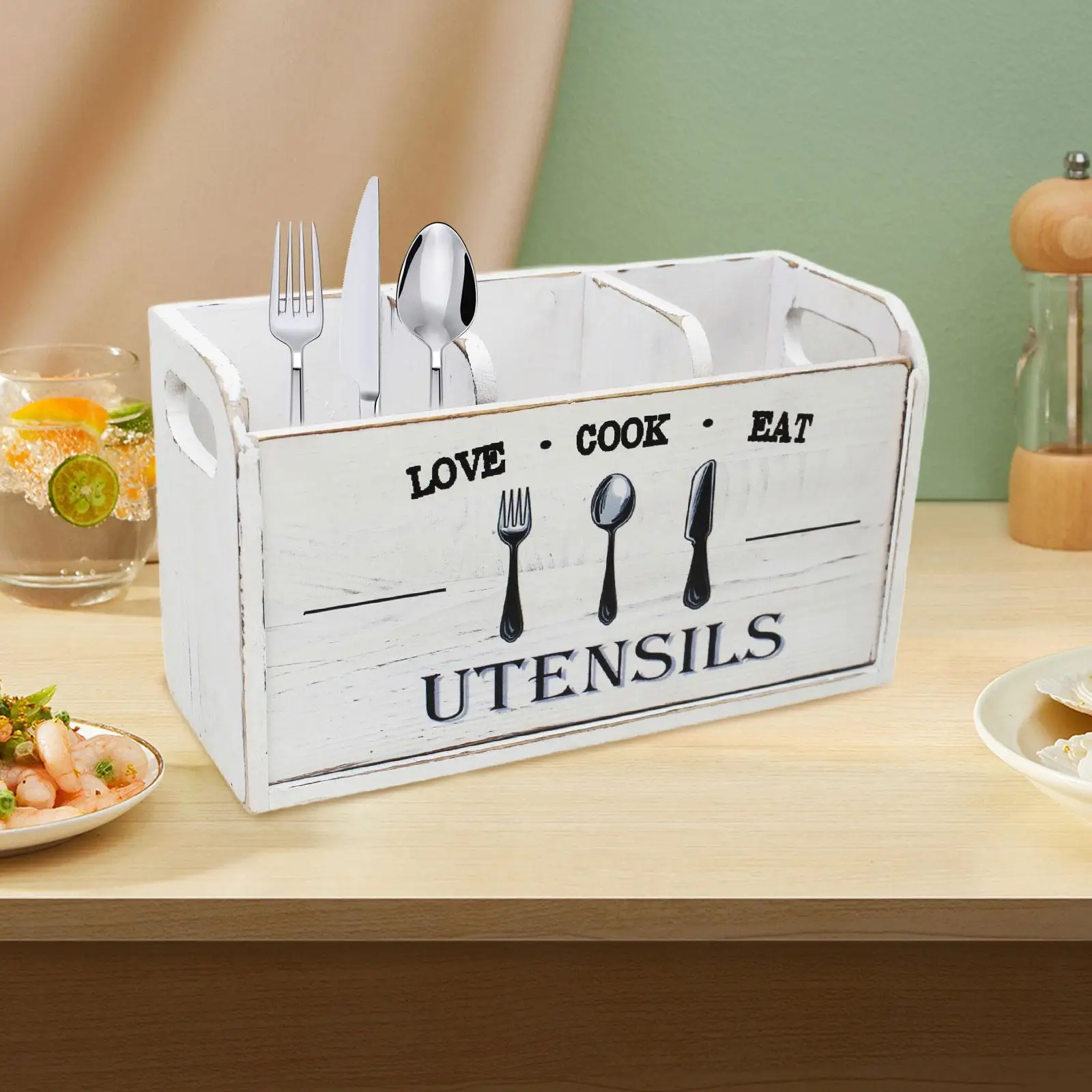 Wooden Utensil Holder Countertop Organizer for Kitchen Cutlery Spoon Fork Knives Tableware Storage Vertical Bin view 4