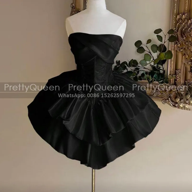 

Black Short Bridesmaid Dresses Strapless Puffy A Line Customized Mini Wedding Party Dress