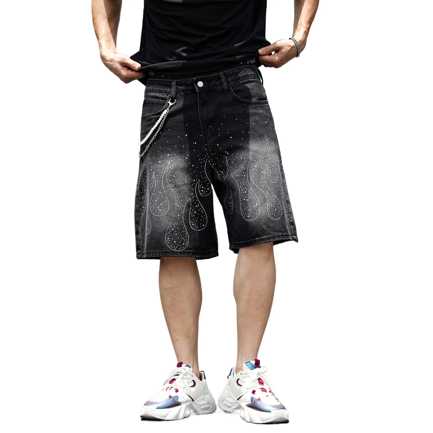 

Men's Black Denim Shorts Y2K Streetwear Flame Rhinestone Baggy Jean Shorts Hip Hop Loose Fit Summer Skate Shorts