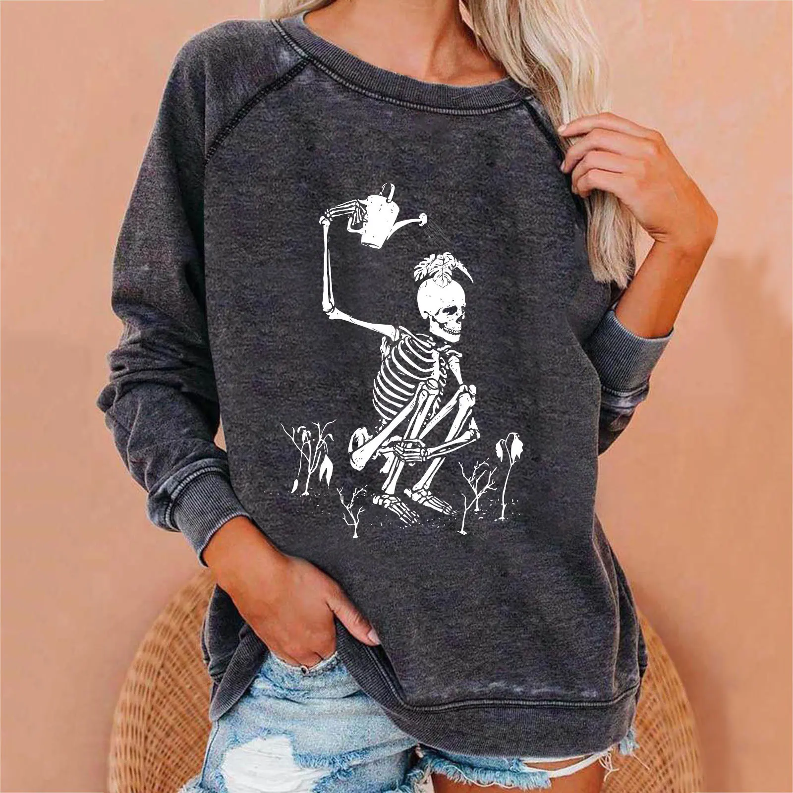 

2025 Autumn New Loose Women's Top Halloween Skull Head Funny Printed Hoodie for Women