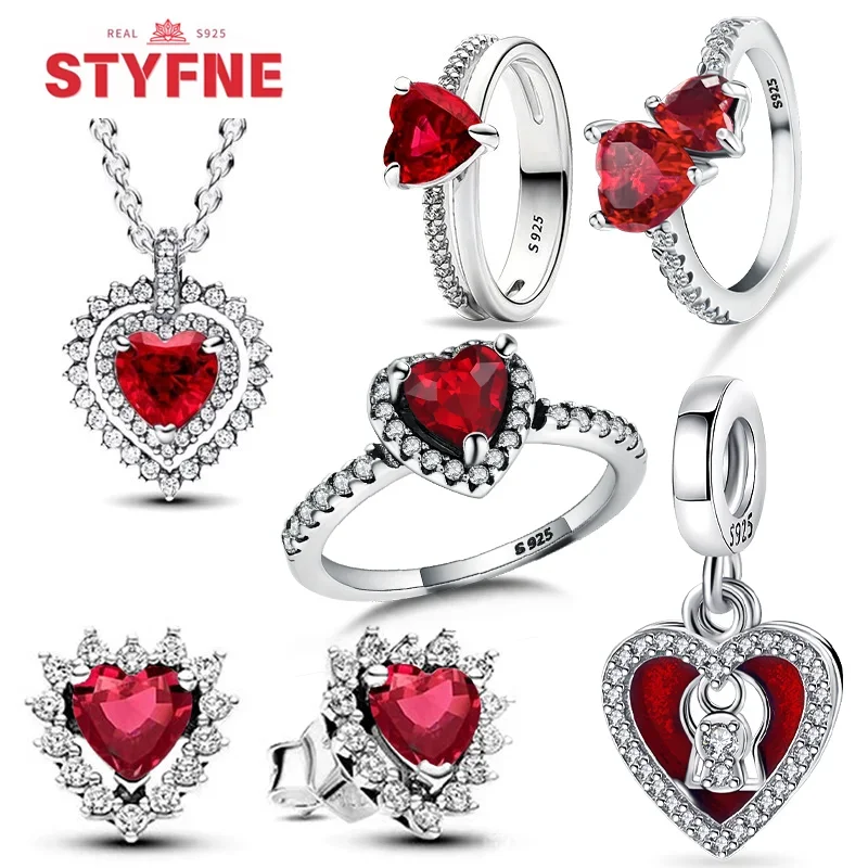 Hot 925 Sterling Silver Heart & Red Heart Charm Beads Fit Original Bracelet Necklace DIY for Women Fine Jewelry Gift