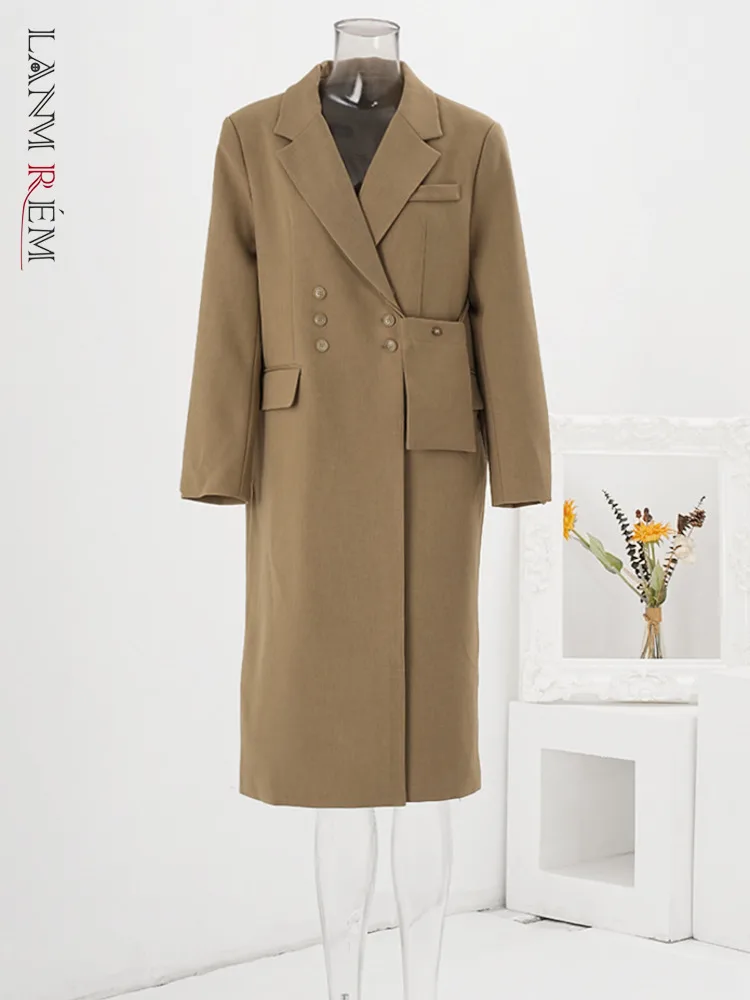 

LANMREM Khaki Windbreaker Women Notched Collar Long Sleeves Double Breasted Trench Coat With Bag Office Lady Clothing CP6A0014