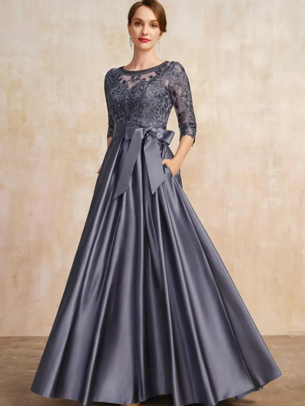 A-line Scoop Illusion Floor-Length Lace Satin Mother of the Bride Dress With Bow Sequins vestidos de novia