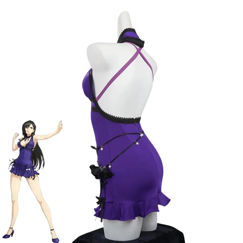 Anime jeu VII Tifa Lockhart Cosplay Costume violet robe de soirée perruque adulte femme Sexy carnaval Costume de noël olp;4
