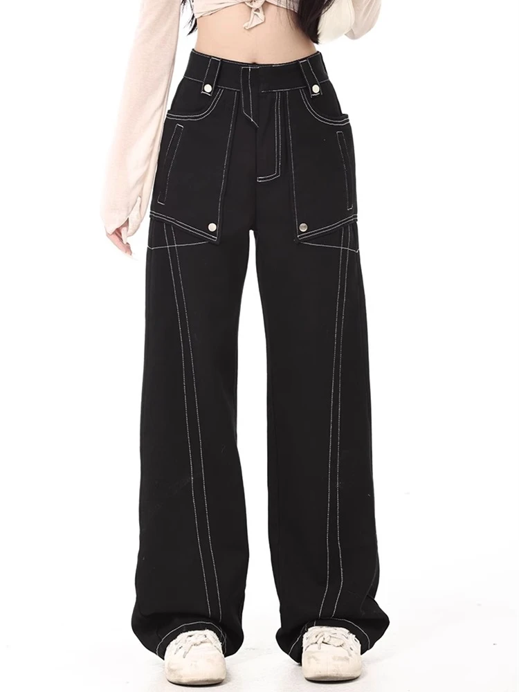 

Women's Bright Line Decoration Wide Leg Black Jeans Street Style Trousers Cool Girl Casual Bottoms Female High Waist Denim Pants