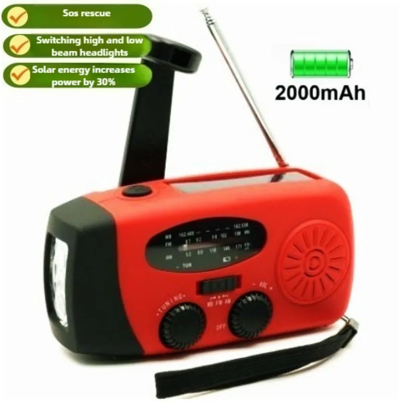 راديو طوارئ متعدد الوظائف مع شحن كرنك يدوي، إضاءة تعمل بالطاقة الشمسية مناسبة للاستعداد في الهواء الطلق والكارث
