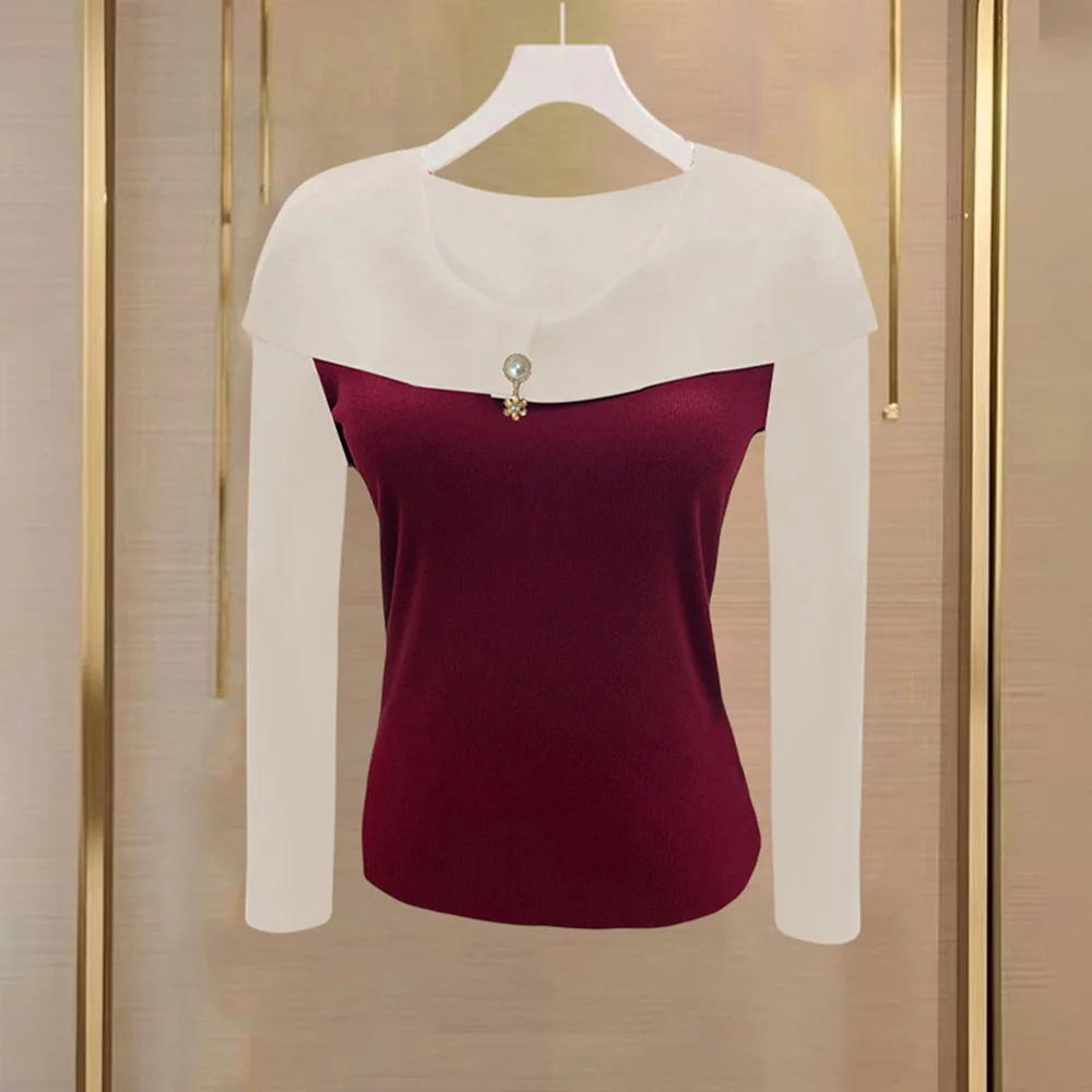 여성 니트 스웨터 V 넥 긴 소매 탑 화이트 레드 니트 스웨터 매일 사용 미세 탄성 폴리 에스터 직물